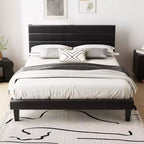 VINGLI Faux Leather Bed Frame, Upholstered Platform Bed with Adjustable Headboard,Heavy Duty Slats Support,Luxury Modern,No Box Spring Needed, Black