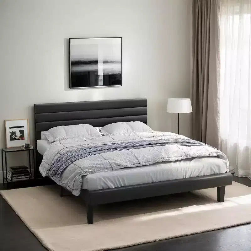 Letto a piattaforma imbottito in ecopelle nera, testiera regolabile, matrimoniale/queen size, per 1-2 persone