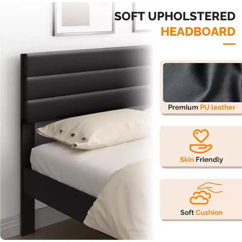 Letto a piattaforma imbottito in ecopelle nera, testiera regolabile, matrimoniale/queen size, per 1-2 persone