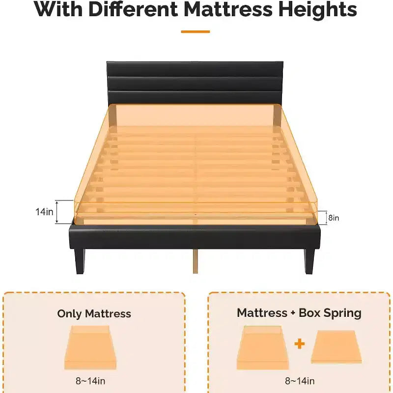 Letto a piattaforma imbottito in ecopelle nera, testiera regolabile, matrimoniale/queen size, per 1-2 persone