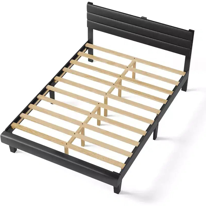 Letto a piattaforma imbottito in ecopelle nera, testiera regolabile, matrimoniale/queen size, per 1-2 persone