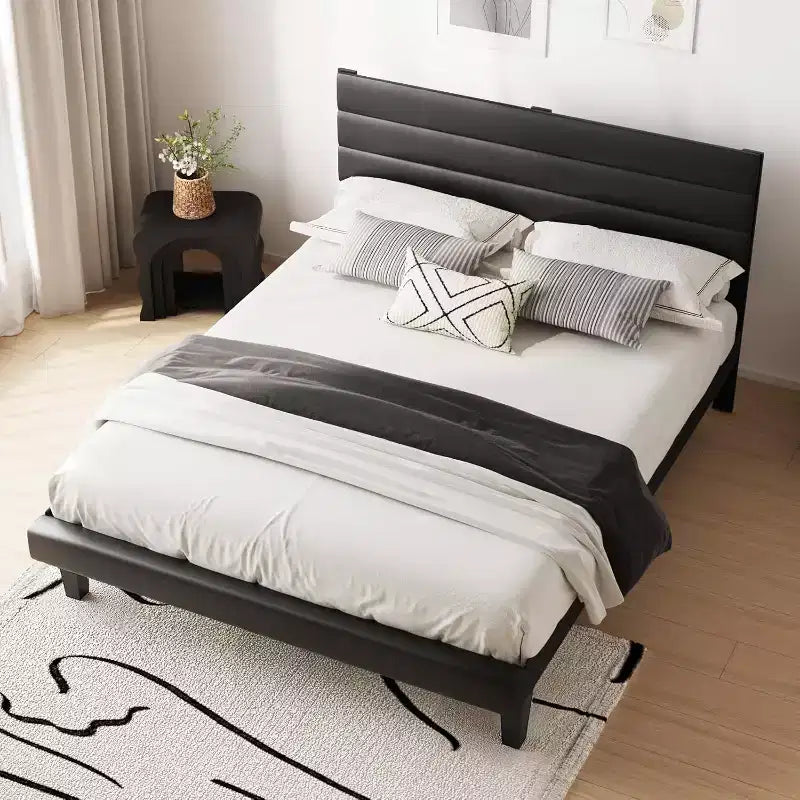 Letto a piattaforma imbottito in ecopelle nera, testiera regolabile, matrimoniale/queen size, per 1-2 persone