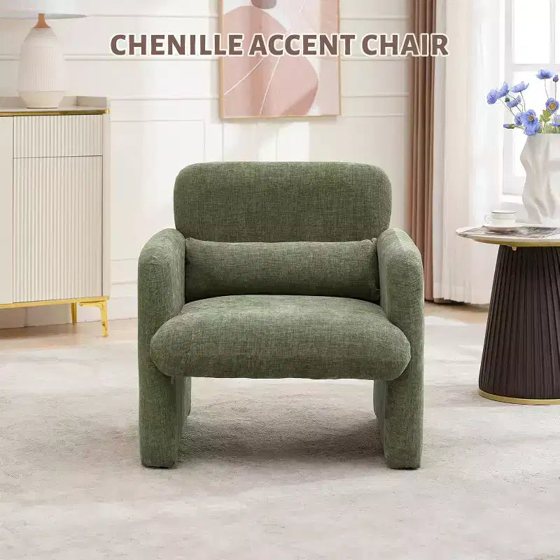 Poltrona d'accento rivestita in ciniglia bianca crema/verde matcha, seduta singola