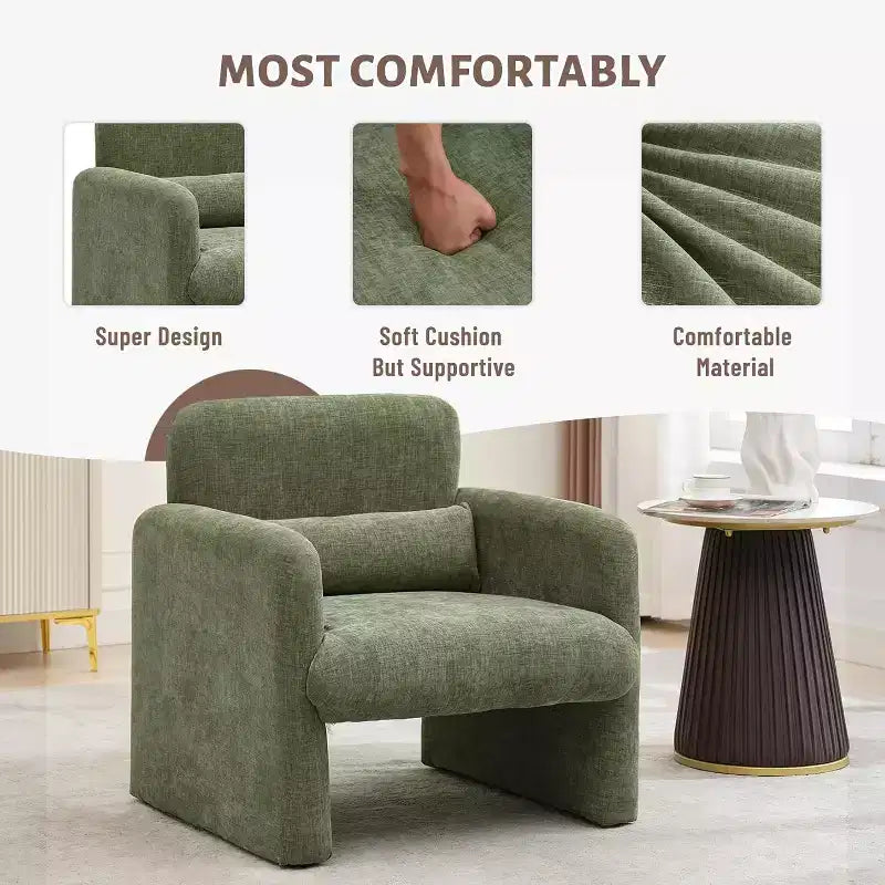 Poltrona d'accento rivestita in ciniglia bianca crema/verde matcha, seduta singola