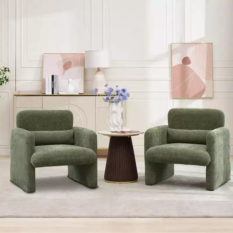 Poltrona d'accento rivestita in ciniglia bianca crema/verde matcha, seduta singola