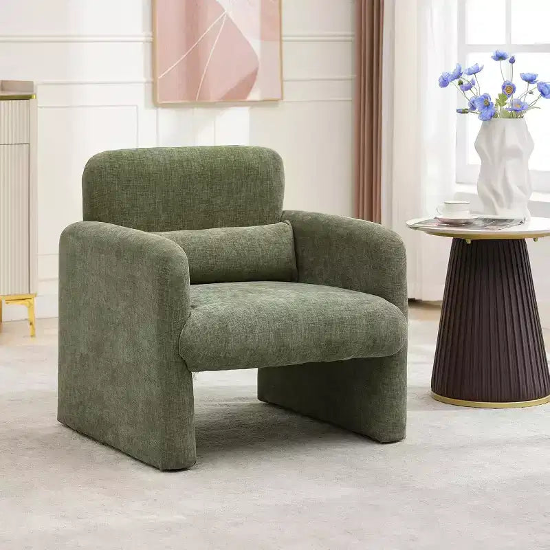 Poltrona d'accento rivestita in ciniglia bianca crema/verde matcha, seduta singola