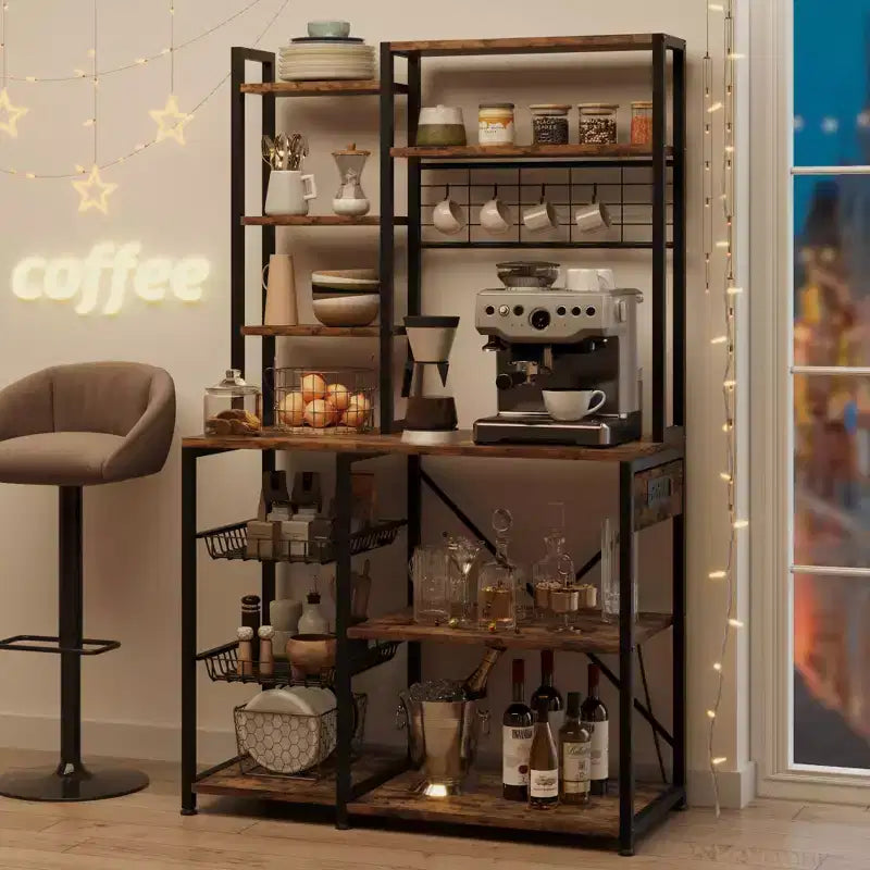 Scaffale da Panettiere Industriale Nero con Prese di Corrente e Ganci, Supporto da Cucina a 7 Livelli per Microonde per 1 Persona