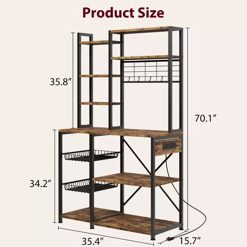 Scaffale da Panettiere Industriale Nero con Prese di Corrente e Ganci, Supporto da Cucina a 7 Livelli per Microonde per 1 Persona