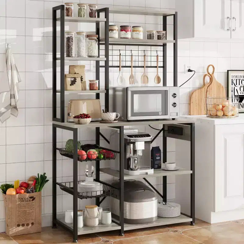 Scaffale da Panettiere Industriale Nero con Prese di Corrente e Ganci, Supporto da Cucina a 7 Livelli per Microonde per 1 Persona