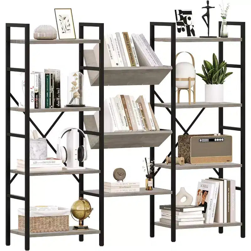 Libreria aperta a 4 ripiani con struttura in metallo grigio, stile industriale, per uso individuale