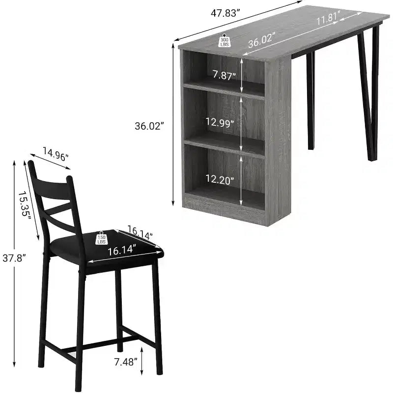 Set tavolo da bar per 2 persone nero/grigio/retrò con piano ribaltabile e contenitore
