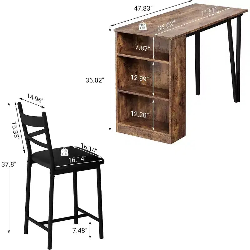 Set tavolo da bar per 2 persone nero/grigio/retrò con piano ribaltabile e contenitore
