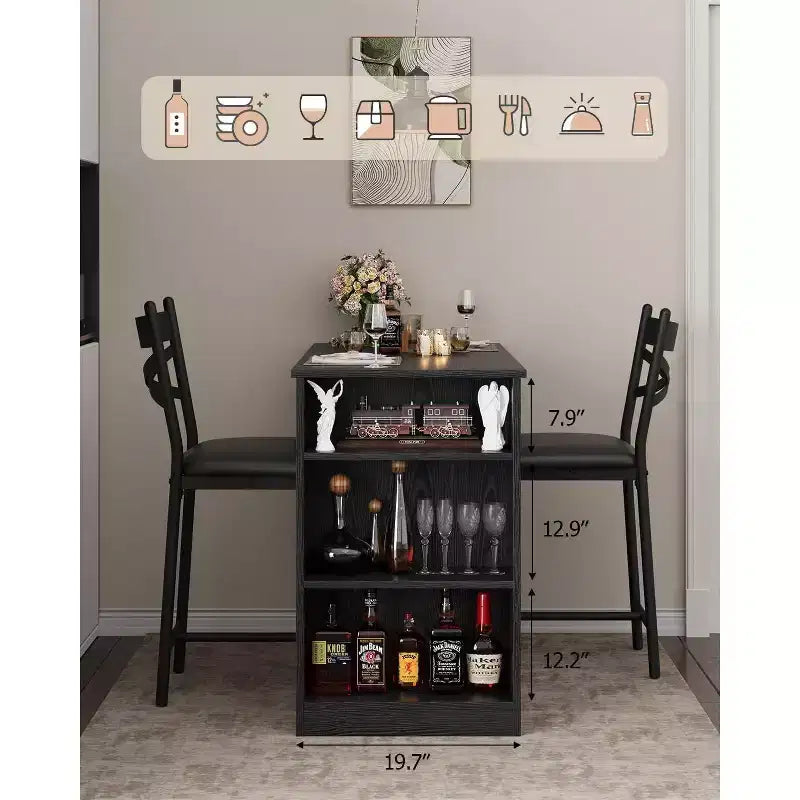 Set tavolo da bar per 2 persone nero/grigio/retrò con piano ribaltabile e contenitore