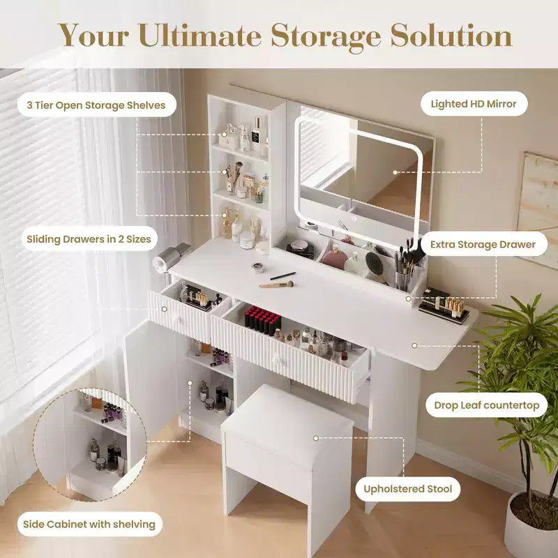 Scrivania Toeletta Illuminata a LED con Specchio, Cassetti e Sgabello – Naturale/Bianco, 1 Persona