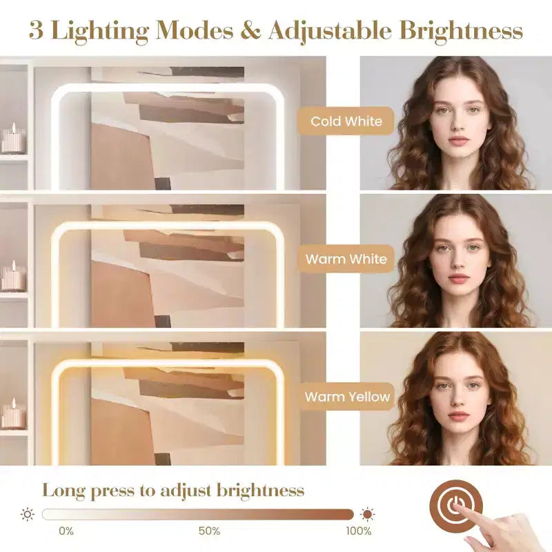 Scrivania Toeletta Illuminata a LED con Specchio, Cassetti e Sgabello – Naturale/Bianco, 1 Persona