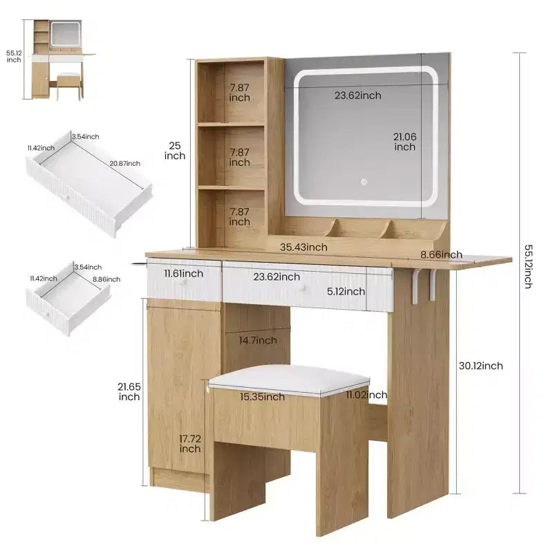 Scrivania Toeletta Illuminata a LED con Specchio, Cassetti e Sgabello – Naturale/Bianco, 1 Persona