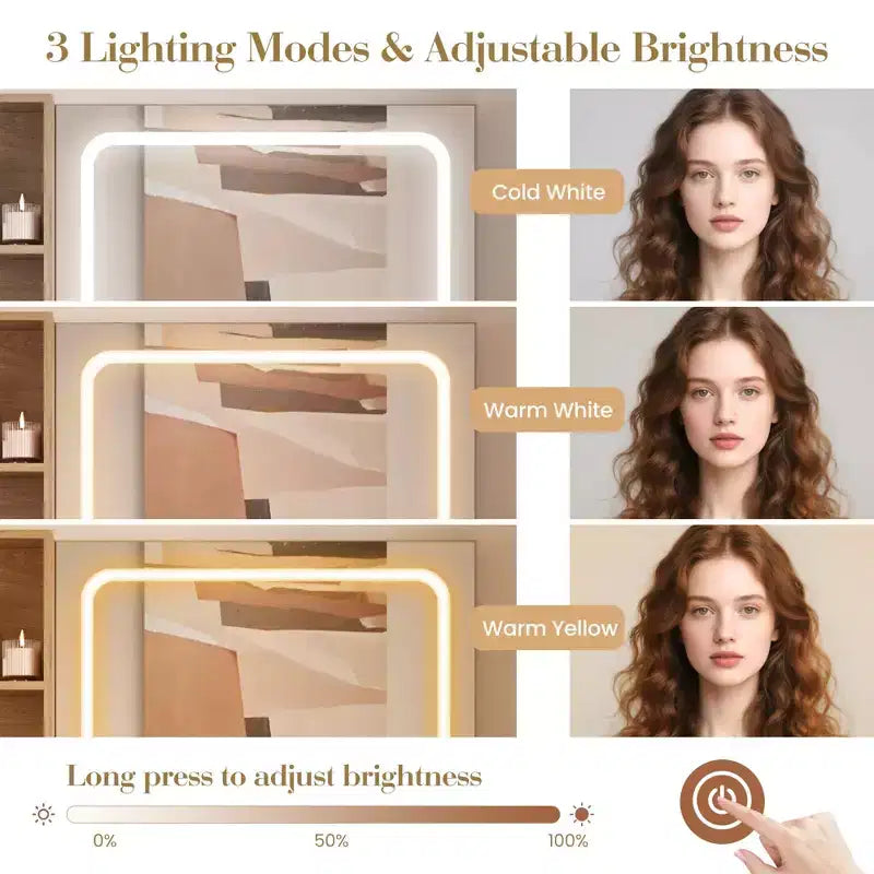Scrivania Toeletta Illuminata a LED con Specchio, Cassetti e Sgabello – Naturale/Bianco, 1 Persona