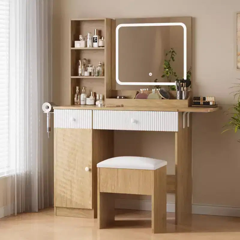 Vanity Desk with Mirror and Lights, Power Outlets Makeup Table with Drawers & Cabinet