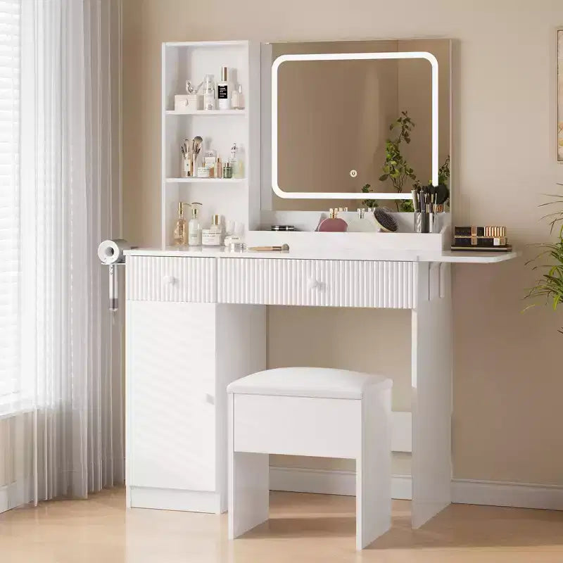 Scrivania Toeletta Illuminata a LED con Specchio, Cassetti e Sgabello – Naturale/Bianco, 1 Persona