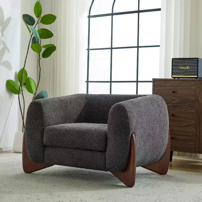 Poltrona a pozzetto imbottita in tessuto bouclé grigio scuro/marrone chiaro, stile contemporaneo, 1 posto
