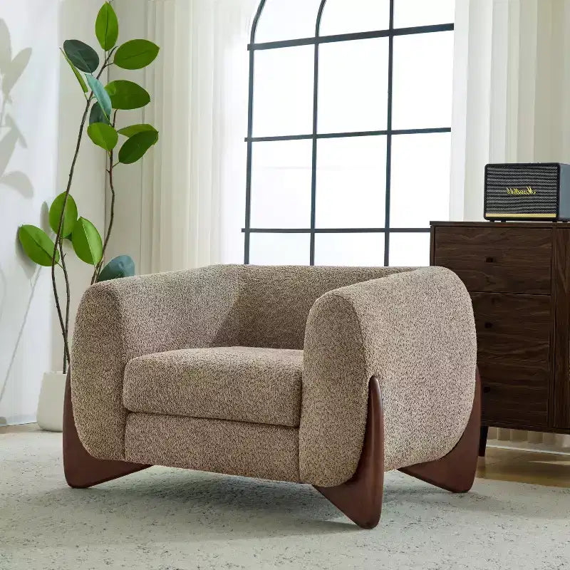 Poltrona a pozzetto imbottita in tessuto bouclé grigio scuro/marrone chiaro, stile contemporaneo, 1 posto