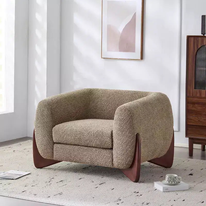 Poltrona a pozzetto imbottita in tessuto bouclé grigio scuro/marrone chiaro, stile contemporaneo, 1 posto