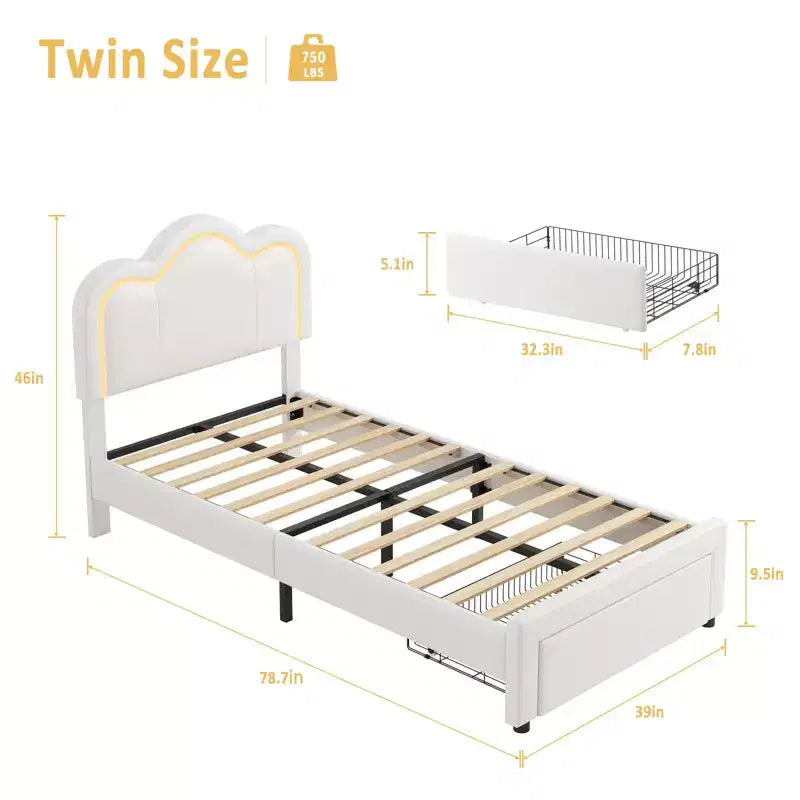 Letto a piattaforma singolo con testiera in velluto a forma di orsetto rosa/bianco con LED RGB, 1 bambino, con o senza cassetto