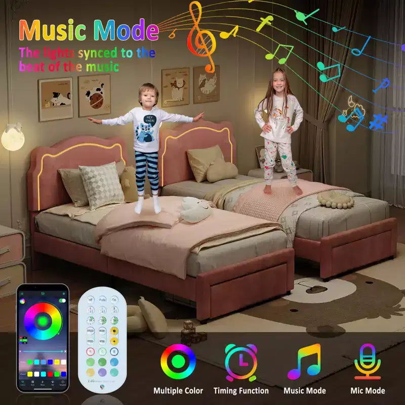 Letto a piattaforma singolo con testiera in velluto a forma di orsetto rosa/bianco con LED RGB, 1 bambino, con o senza cassetto