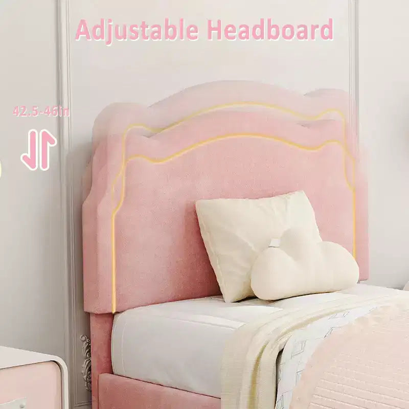 Letto a piattaforma singolo con testiera in velluto a forma di orsetto rosa/bianco con LED RGB, 1 bambino, con o senza cassetto