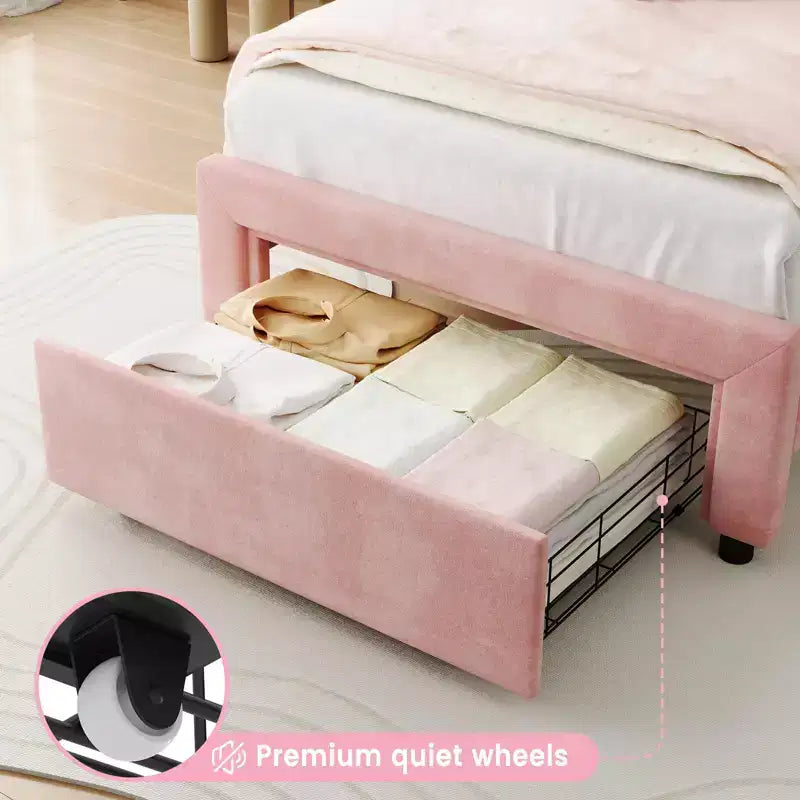 Letto a piattaforma singolo con testiera in velluto a forma di orsetto rosa/bianco con LED RGB, 1 bambino, con o senza cassetto