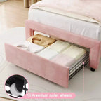 Letto a piattaforma singolo con testiera in velluto a forma di orsetto rosa/bianco con LED RGB, 1 bambino, con o senza cassetto
