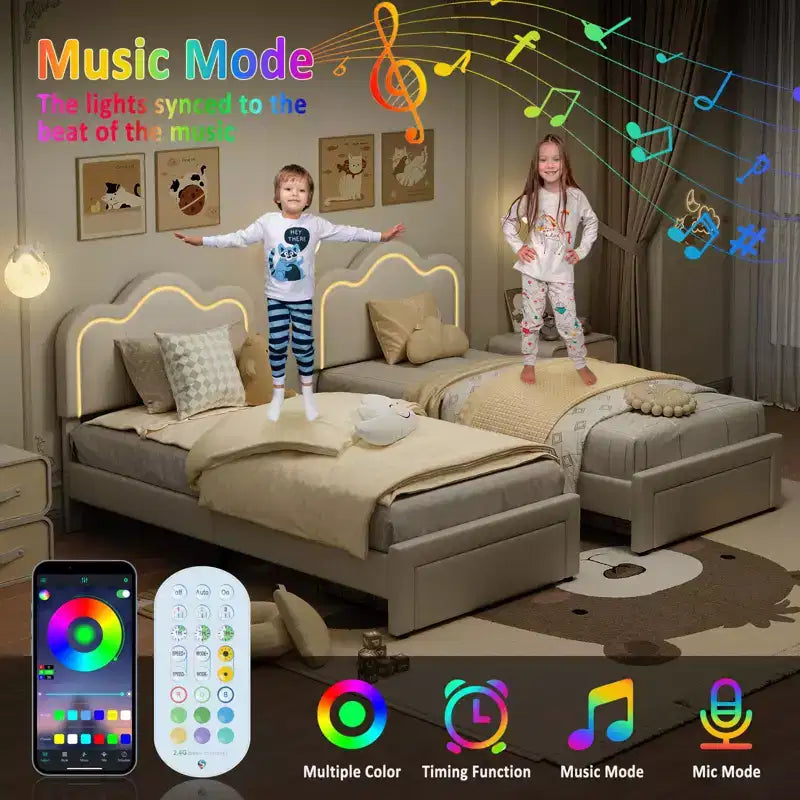 Letto a piattaforma singolo con testiera in velluto a forma di orsetto rosa/bianco con LED RGB, 1 bambino, con o senza cassetto