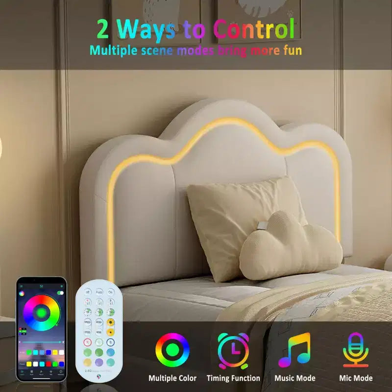 Letto a piattaforma singolo con testiera in velluto a forma di orsetto rosa/bianco con LED RGB, 1 bambino, con o senza cassetto