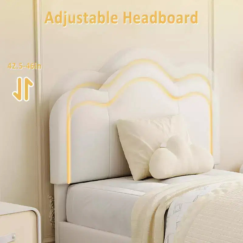 Letto a piattaforma singolo con testiera in velluto a forma di orsetto rosa/bianco con LED RGB, 1 bambino, con o senza cassetto