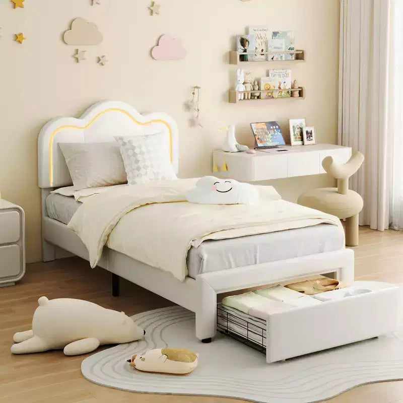 Letto a piattaforma singolo con testiera in velluto a forma di orsetto rosa/bianco con LED RGB, 1 bambino, con o senza cassetto