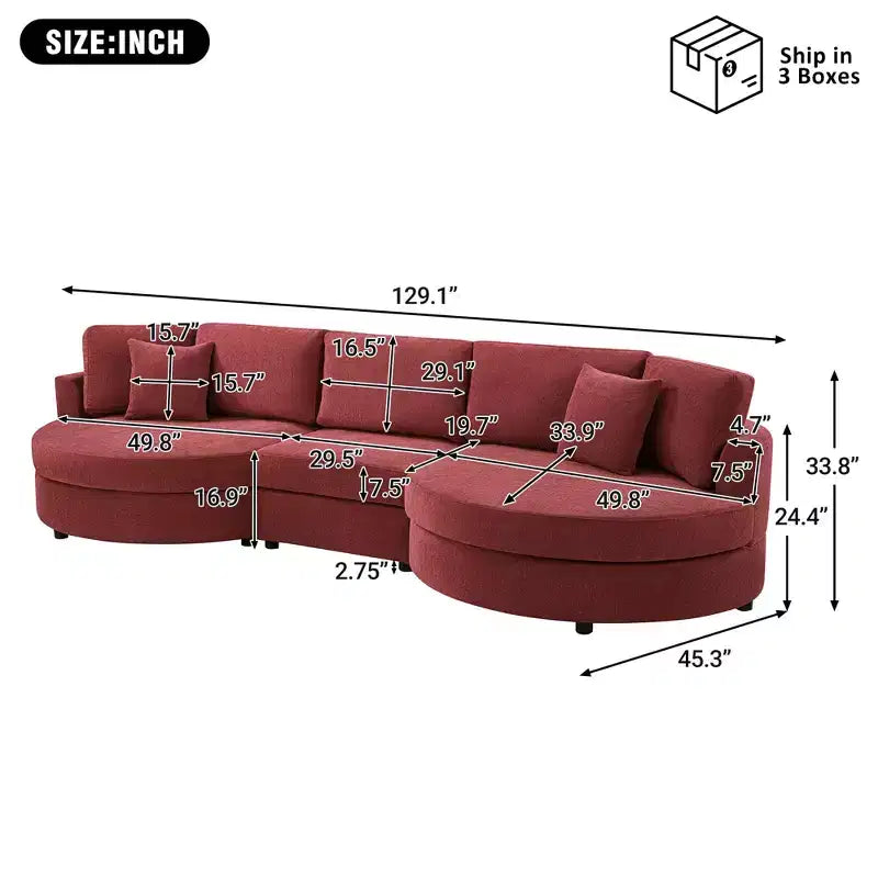Divano curvo a 3 posti in ciniglia – Nero / Grigio / Rosso, stile moderno