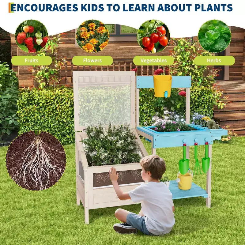 Cucina da Esterno per il Fango in Legno Naturale con Fioriera, Set da Gioco Individuale per Bambini dai 3 ai 10 Anni