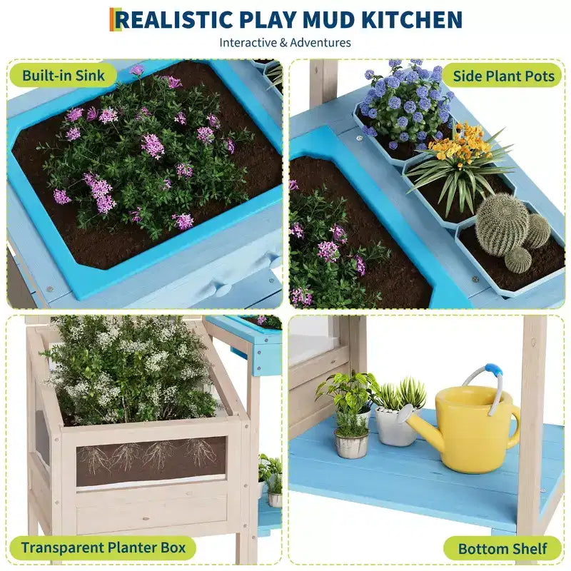 Cucina da Esterno per il Fango in Legno Naturale con Fioriera, Set da Gioco Individuale per Bambini dai 3 ai 10 Anni