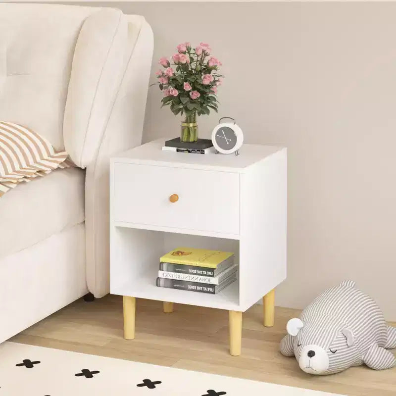 Comodino in MDF bianco con 1 cassetto e 1 ripiano, per bambini e adulti