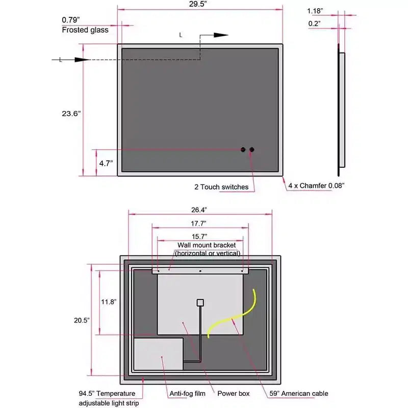 Specchio da bagno a LED rettangolare color argento per utente singolo con antiappannamento e dimmer, montaggio a parete
