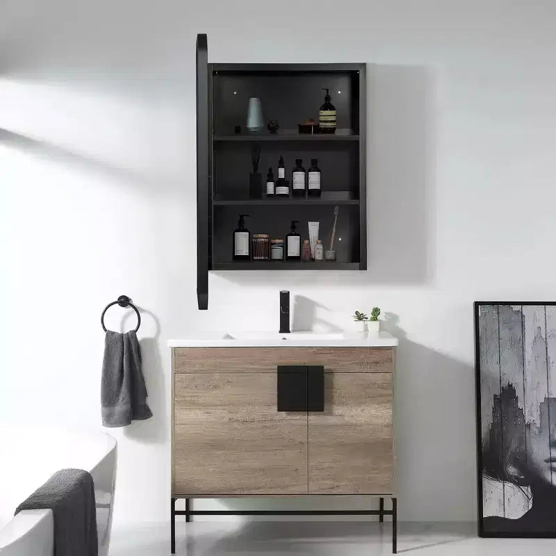 Mobiletto per medicinali da bagno rettangolare nero da 16 * 24 pollici con specchio