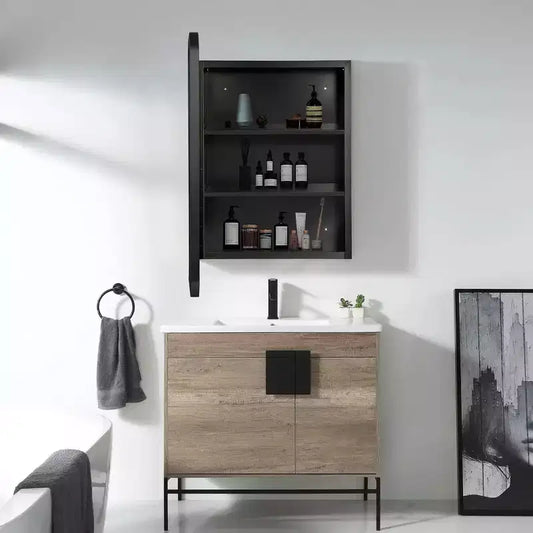 Mobiletto per medicinali da bagno rettangolare nero da 16 * 24 pollici con specchio