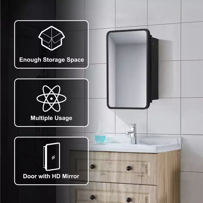 Mobiletto per medicinali da bagno rettangolare nero da 16 * 24 pollici con specchio