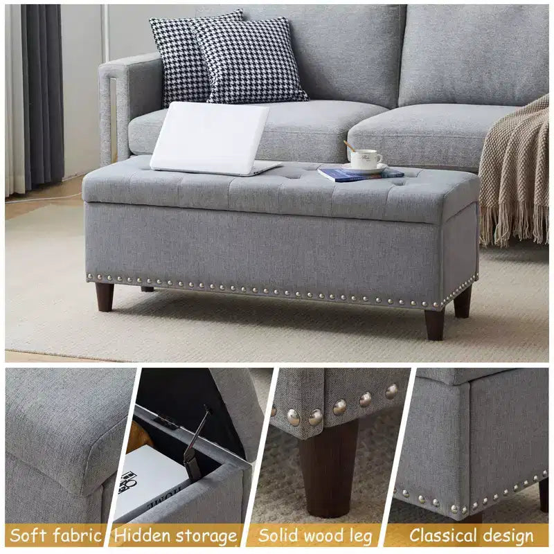 Panca Contenitore Ottomana in Lino Beige/Grigio – Sedile Singolo