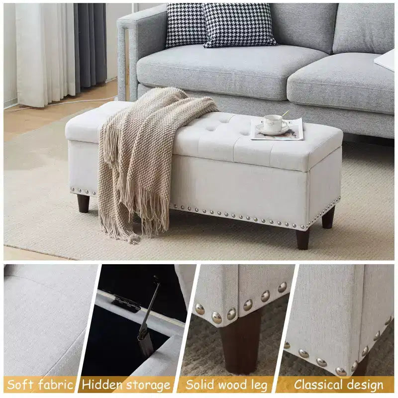 Panca Contenitore Ottomana in Lino Beige/Grigio – Sedile Singolo