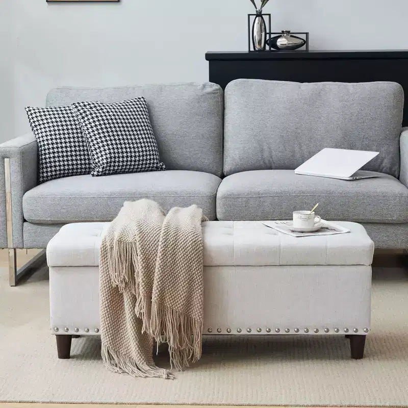 Panca Contenitore Ottomana in Lino Beige/Grigio – Sedile Singolo