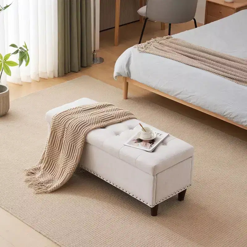 Panca Contenitore Ottomana in Lino Beige/Grigio – Sedile Singolo