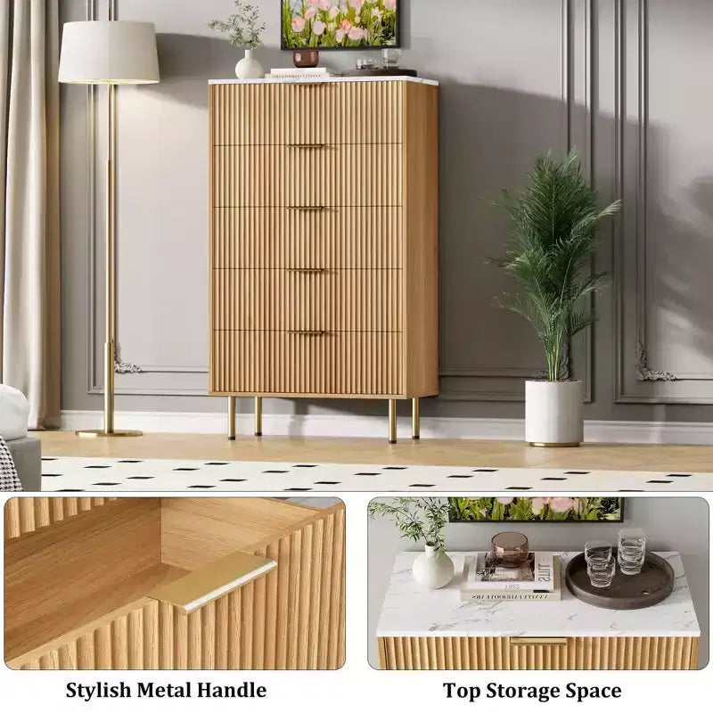 Cassettiera scanalata a 5 cassetti con piano effetto marmo, nero/rovere/bianco, portaoggetti per camera da letto singola