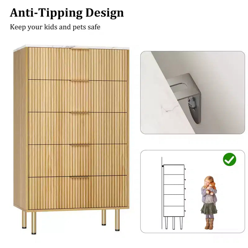Cassettiera scanalata a 5 cassetti con piano effetto marmo, nero/rovere/bianco, portaoggetti per camera da letto singola