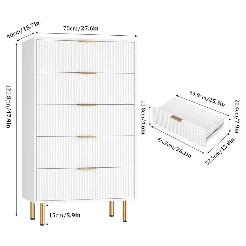 Cassettiera scanalata a 5 cassetti con piano effetto marmo, nero/rovere/bianco, portaoggetti per camera da letto singola